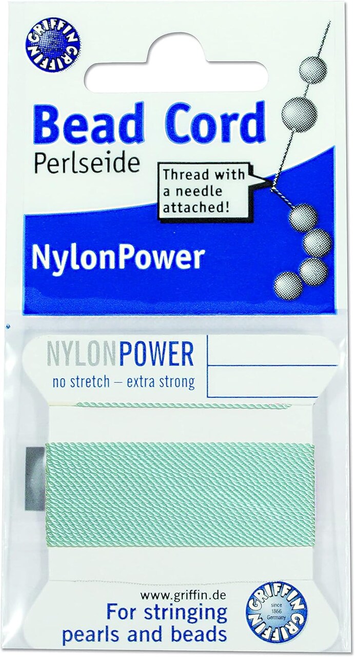 Griffin Nylon Bead Cord Perlseide – Size 16 (1.05mm) – 2 Meters per Card – Stainless Steel Needle Attached – for Knotting Pearls, Gemstones, Crystals and Beads